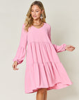 Double Take Full Size V-Neck Balloon Sleeve Tiered Dress with Pockets