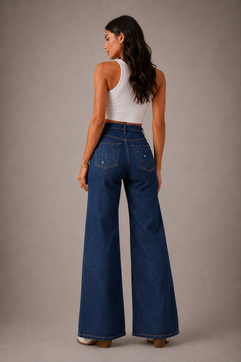 GJG Denim Celeste Rhinestone Wide-Leg Jeans — Dark Wash