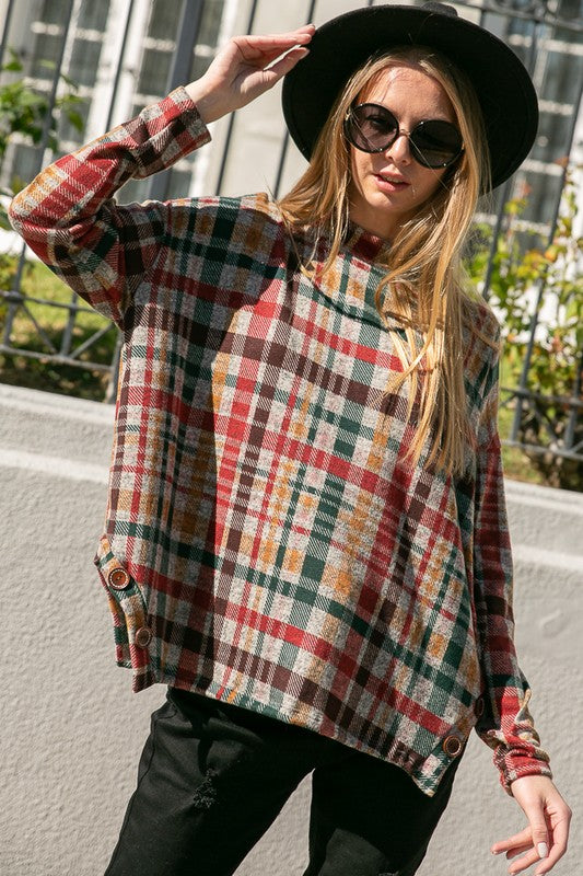 e Luna Plaid Mock Neck Boxy Top