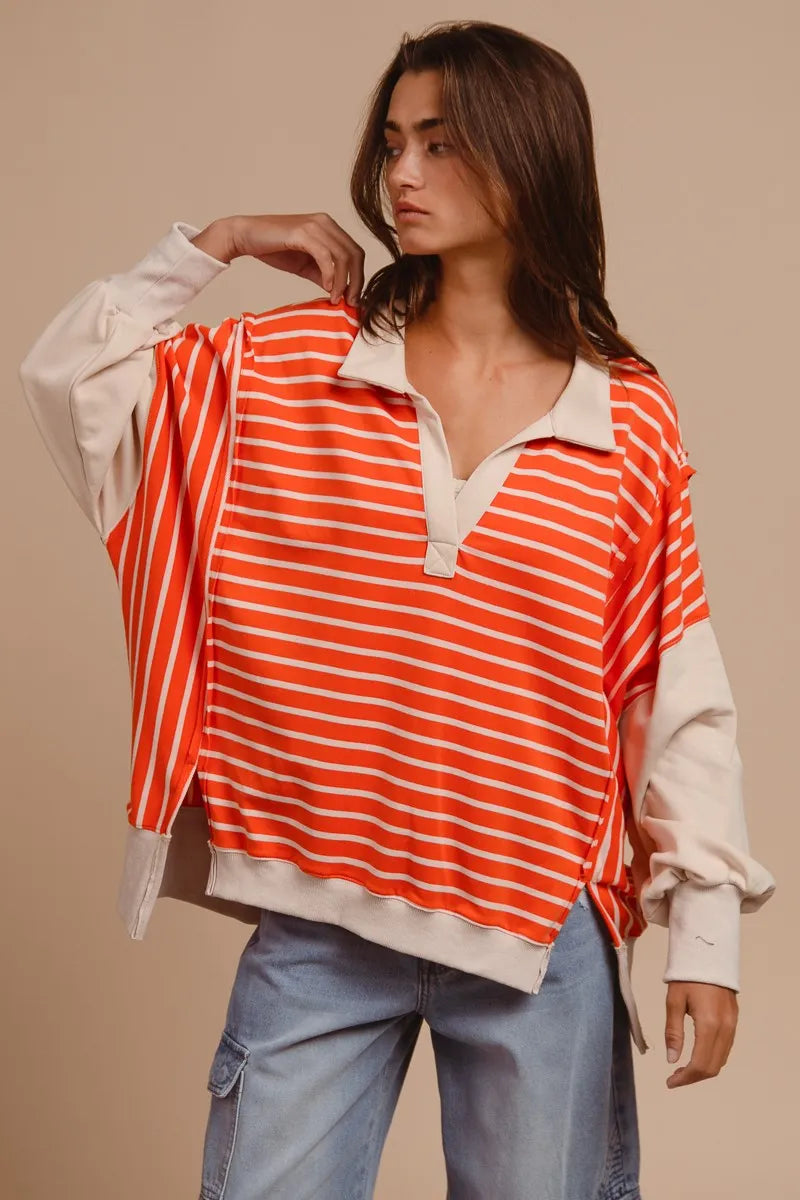 BiBi Stripe Knit Loose Fit Top With Cut Edge Detail in Orange