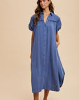 Annie Wear Mineral Washed Button Down Puff Sleeve Shirt Dress