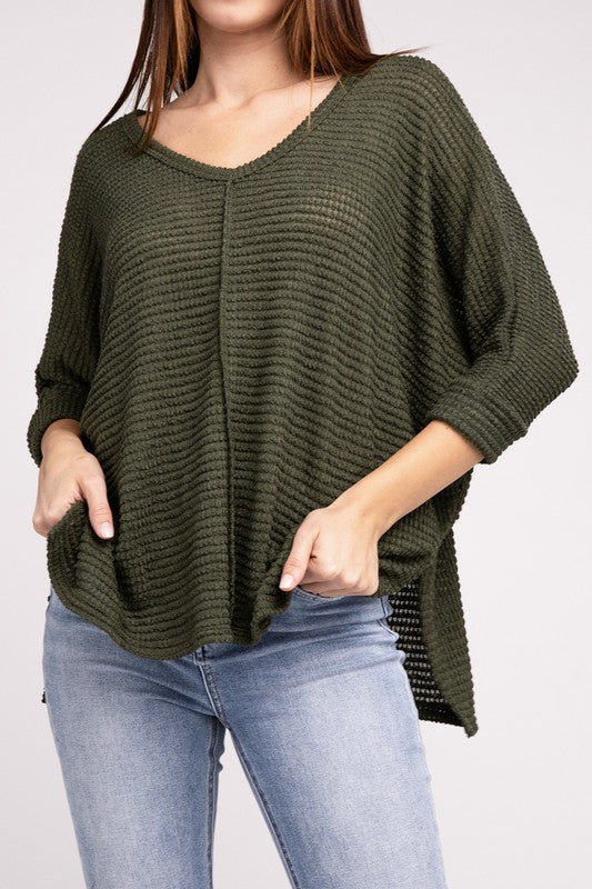 Zenana 3/4 Sleeve V-Neck Hi-Low Hem Jacquard Sweater