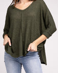 Zenana 3/4 Sleeve V-Neck Hi-Low Hem Jacquard Sweater