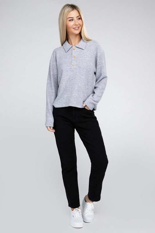 Zenana Brushed Melange Hacci Collared Sweater