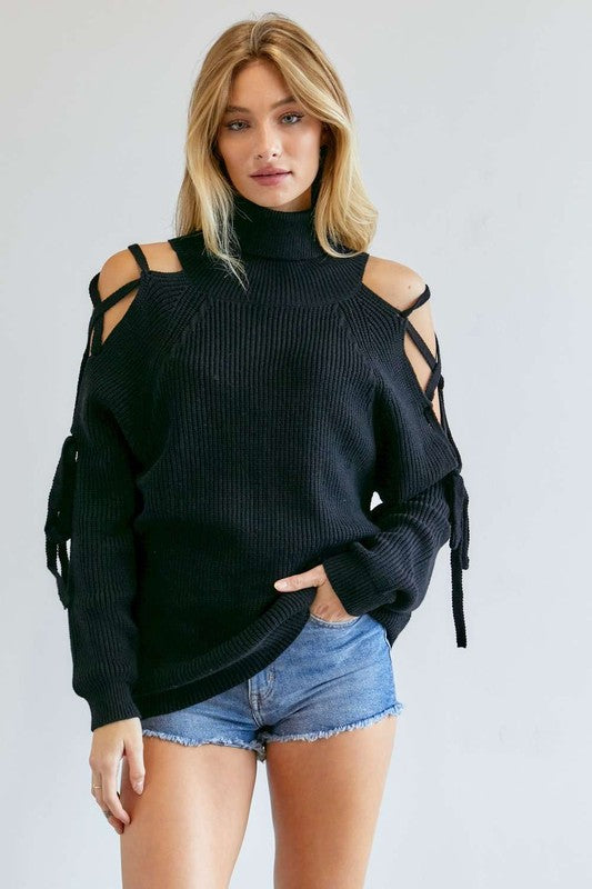 Davi & Dani Turtle Neck Cutout Long Sleeve Sweater - Online Only