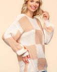 Haptics Full Size Checkered Round Neck Drop Shoulder Sweater