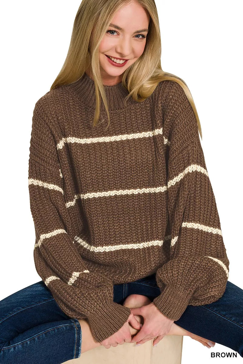 Zenana Oversize Striped Sweater in Brown