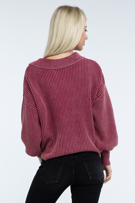 ZENANA Washed Collared Henley Sweater