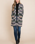 BOMBOM Geometric Open Front Long Sleeve Cardigan with Pockets