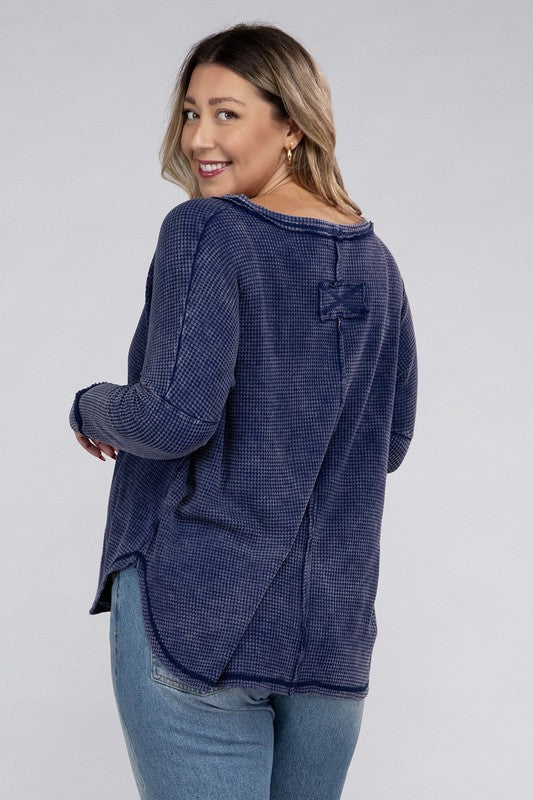 Zenana Plus Washed Baby Waffle Oversized Long Sleeve Top