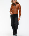 Snobbish Faux Leather Zip Up Drawstring Hooded Jacket