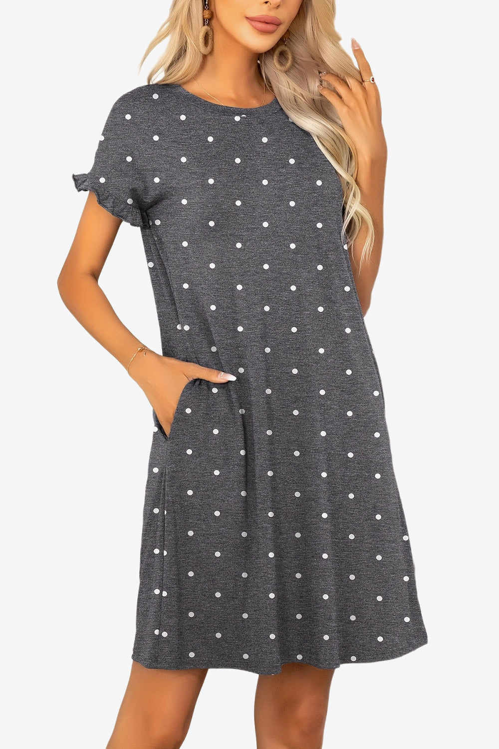 Flounce Sleeve Round Neck Dress with Pockets - Online Only