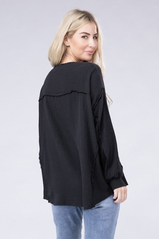 ZENANA Double Gauze Oversized 3/4 Button Henley Neck Top