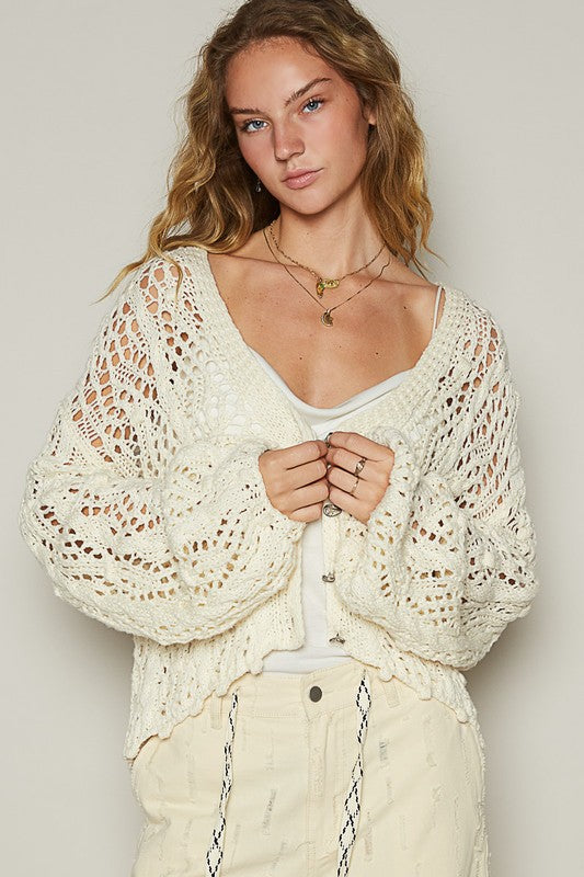 POL Cable-Knit Openwork V-Neck Button Up Cardigan