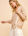 Davi & Dani Lace-Up Ribbon Bow Button Down Cardigan