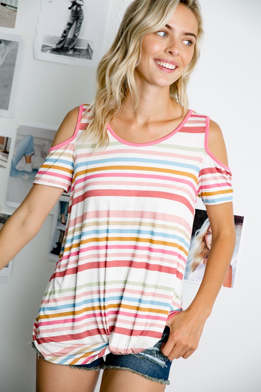 e Luna PLUS Multi Striped Cold Shoulder Top