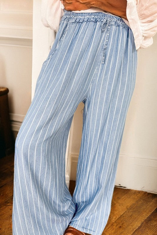 Stripe Chambray Tied Elastic Waist Trousers