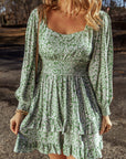 Floral Square Neck Shirred Waist Ruffle Dress