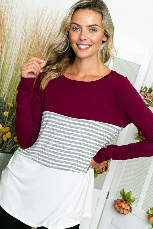 e Luna Solid Striped Colorblock Casual Top