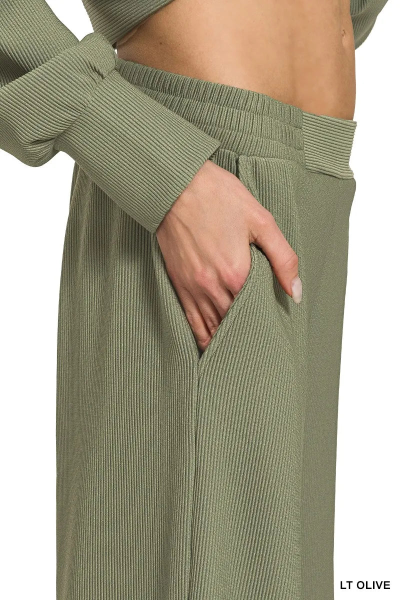 Zenana Ribbed High Neck Half Zip Pullover & Pants Set in Olive