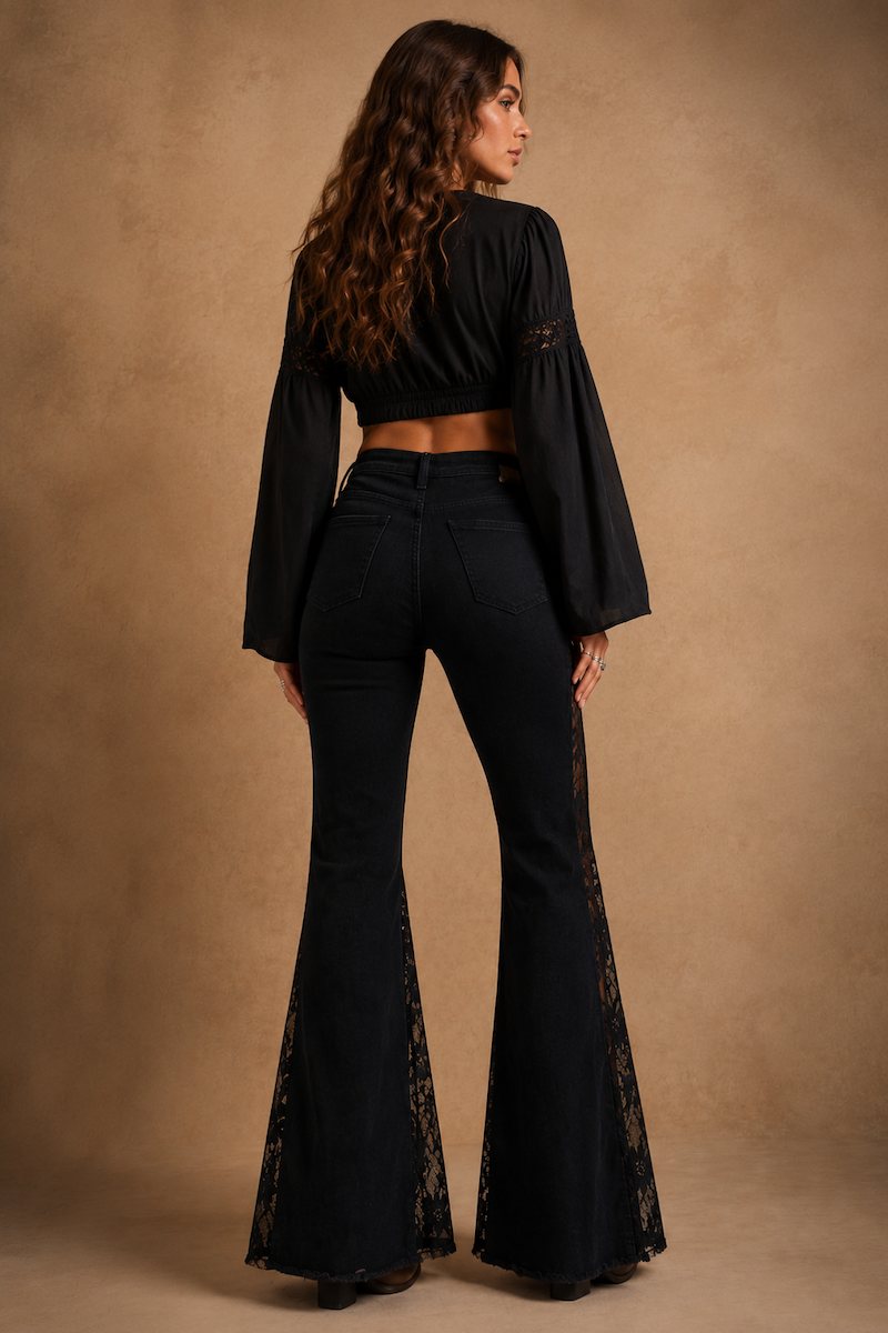 GJG Denim Raven Floral Lace Bell Bottom Jeans — Black