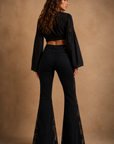 GJG Denim Raven Floral Lace Bell Bottom Jeans — Black