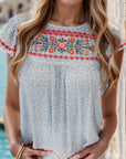 Embroidered Round Neck Cap Sleeve Blouse