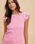 Annie Wear Ruffled Striped Round Neck Cap Sleeve Knit Top