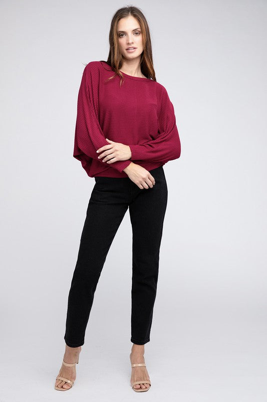 Zenana Ribbed Batwing Long Sleeve Boat Neck Sweater