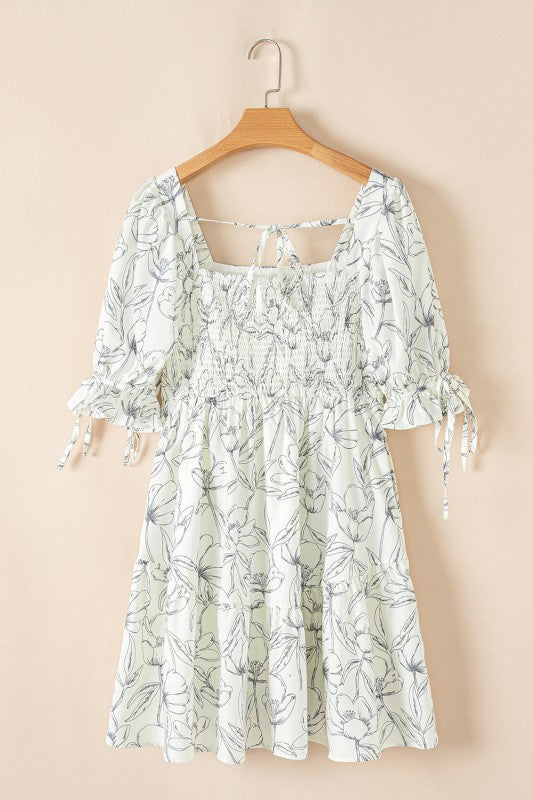 Floral Square Neck Shirred Back Mini Dress