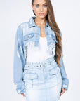 American Bazi Distressed Denim Jacket with Frayed Hem