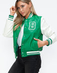 Love Me Now PU Leather Contrast Snap Down Bomber Jacket