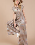 Ces Femme Checkered Half Button Cap Sleeve Jumpsuit