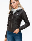 YMI Removable Faux Layered Multi-Pocket Jacket with Fuzzy Hood