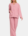 Zenana Quilted Button Up Long Sleeve Top and Pants Lounge Set