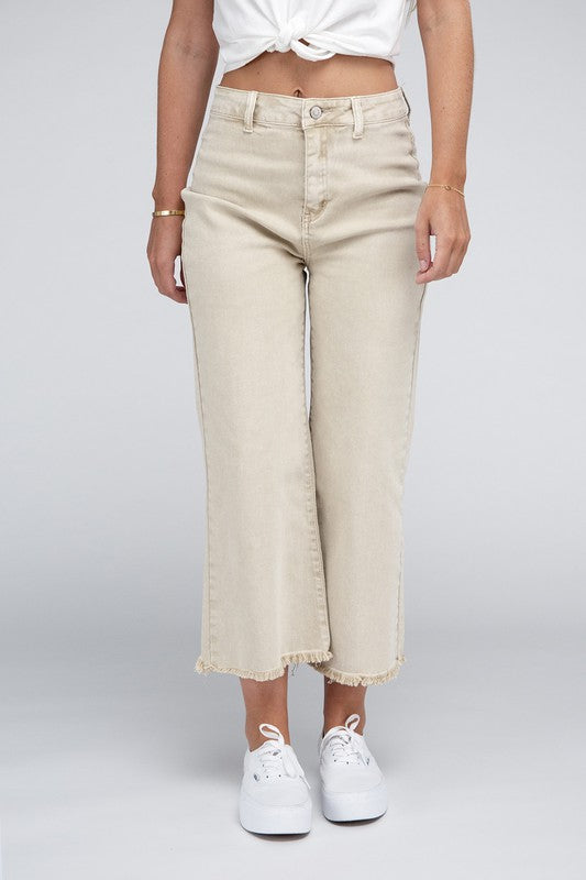 Zenana Acid Washed High Waist Frayed Hem Straight Pants