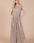 Ces Femme Checkered Half Button Cap Sleeve Jumpsuit