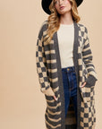 Annie Wear Checkered & Striped Open Front Long Sleeve Cardigan