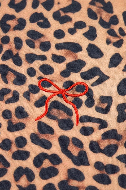 Leopard Bow Embroidered Pullover and Pants Set