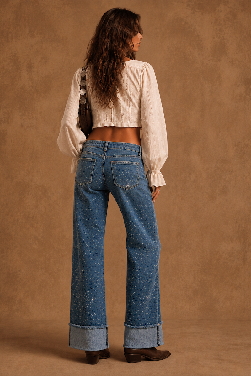 GJG Denim Rhinestone Darling Cuffed Wide-Leg Jeans