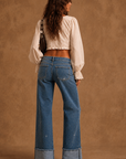 GJG Denim Rhinestone Darling Cuffed Wide-Leg Jeans