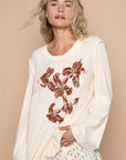 POL Embroidered Round Neck Long Sleeve Knit Top