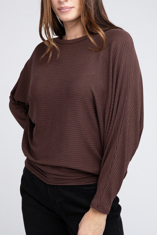 Zenana Ribbed Batwing Long Sleeve Boat Neck Sweater