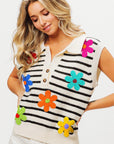 BiBi Flower Patch Striped Half Button Sweater Vest