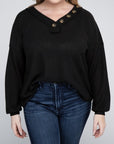 Zenana Plus Brushed Waffle V-Neck Button Detail Sweater