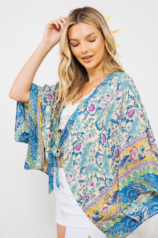 Light Woven Squared Open Kimono with Tie