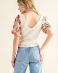 And The Why Full Size Floral Print Textured Sleeve Knit Top