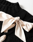 Colorblock Satin Bow Cable Knit Short Sleeve Sweater