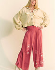 Davi & Dani Smocked Waist Flower Patch Wide Leg Pants