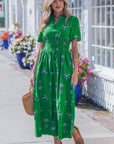 Floral Split Neck Shirred High Waist Maxi Dress